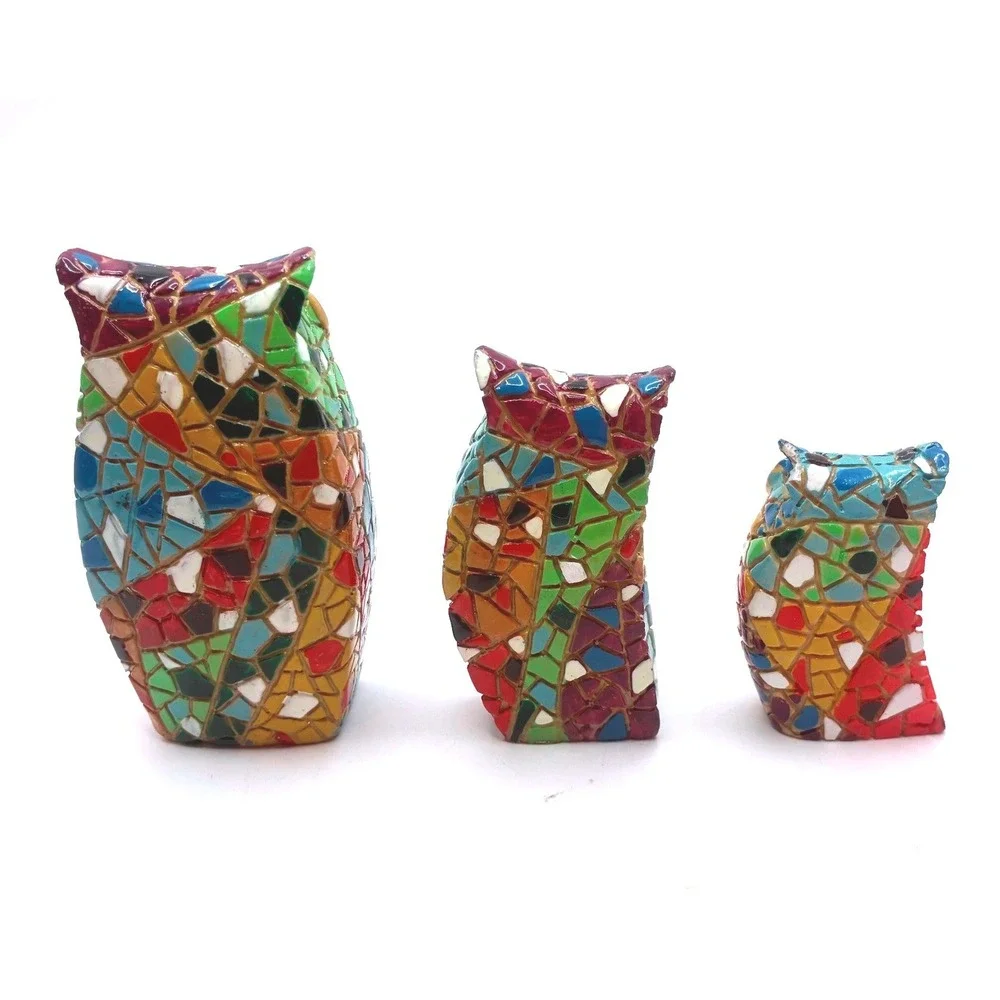 Mosaic Style Owl Gaudi Style Figurine Set 3in 2in 1.5in Multicolor Resin Decor